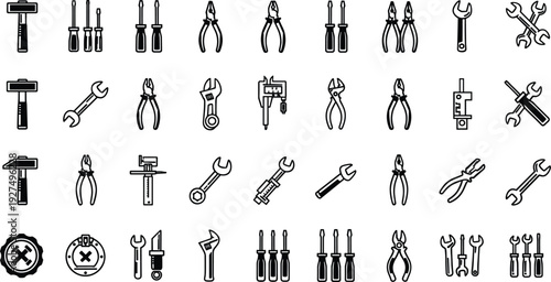 Comprehensive collection of black hand tool icons including hammers, screwdrivers, pliers, and wrenches for hardware repair and construction design projects
