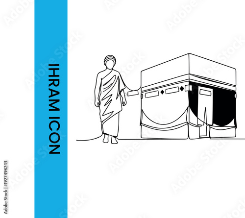 Hajj Pilgrimage Illustration – Muslim Man in Ihram Near Kaaba Line Art Vector Icon
