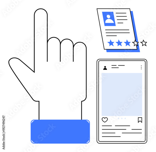 Hand gesture selecting a professional profile with ranked resume and online details. Ideal for hiring, recruitment, career growth, digital platforms, profiles, connections, simple flat metaphor