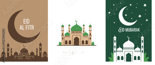 Eid Al Fitr and Eid Mubarak Greeting Card Vector Set Featuring Crescent Moon, Mosque Silhouettes, Night Sky, and Islamic Festive Design Elements