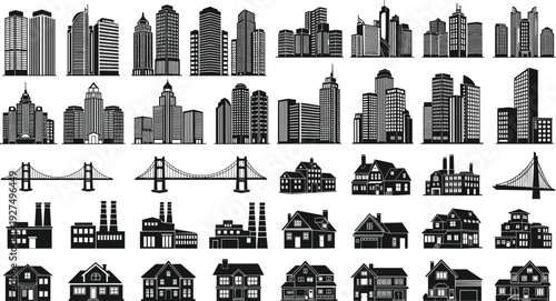 Comprehensive collection of urban building silhouettes featuring skyscrapers modern city architecture industrial factories and residential houses with suspension bridge icons