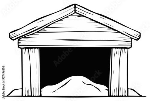 Simple wooden shelter with a soft mound inside and a pointed roof providing basic cover