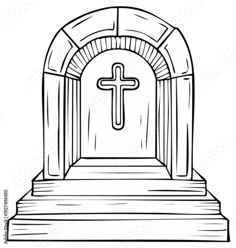 Simple line art drawing of a stone tombstone with a cross emblem and arched top