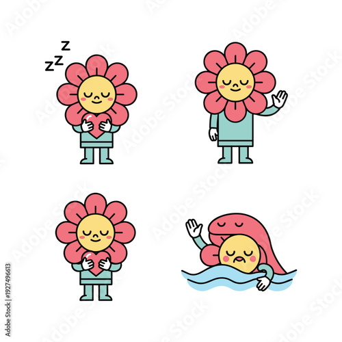 Cartoon flowers sleeping and waking up in different situations with cute expressions