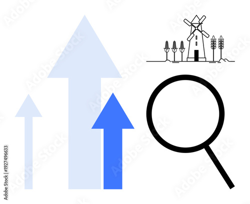 Blue arrows pointing upward, magnifying glass, windmill, and crops represent progress, analysis, sustainability, and rural growth. Ideal for business, agriculture data research growth innovation