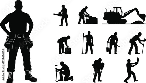 Diverse collection of construction worker silhouettes including handyman with tool belt, heavy machinery operator, and builders using various manual tools
