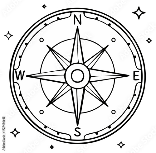 Classic wind rose compass with cardinal directions and sparkling stars, navigation instrument illustration