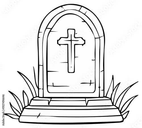 Cartoon drawing of a tombstone with a cross