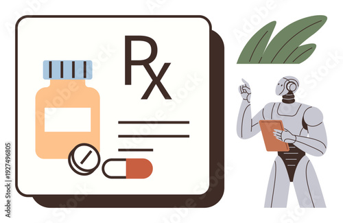 AI healthcare, robotics, pharmaceutical services, telemedicine, future technology, diagnosis. Robot holding clipboard beside prescription icon with pills. AI healthcare and pharmaceutical services