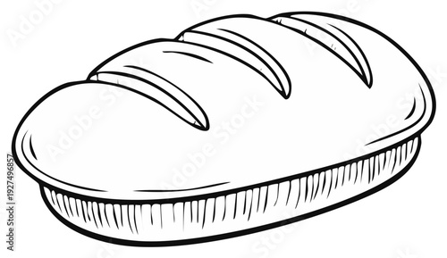 Hand drawn outline of a rustic loaf of bread with scoring marks on top isolated on white