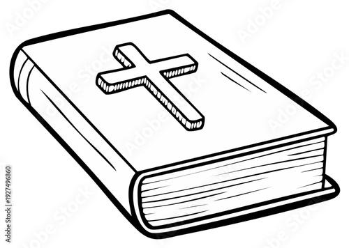 Illustration of Holy Bible with Cross, Religious Symbol, Scriptures Line Art