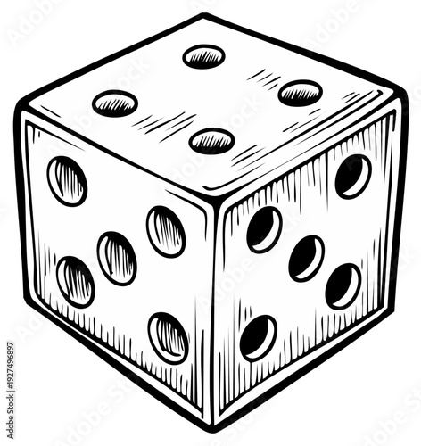 Black and white illustration of a six-sided die showing five dots on top