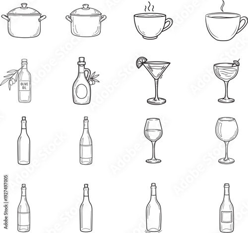Hand-drawn Icons of Kitchenware, Beverages, and Bottles - Vector Set for Food & Drink