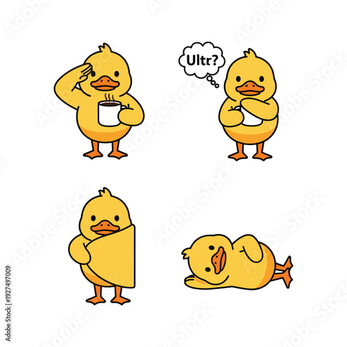 Cartoon duck experiencing stress and burnout in different situations with copy space