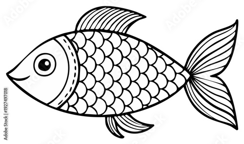 Black and white illustration of cartoon fish with scales and fins, smiling