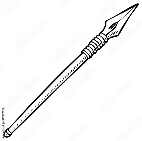 Hand-drawn illustration of an ancient spear, a primitive weapon with a sharp point and wooden shaft, isolated on white