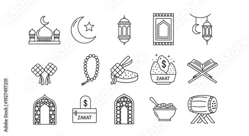 Outline Vector Icons Set for Ramadan and Eid al-Fitr, Featuring Islamic Religious Symbols, Mosques, Lanterns, Prayer Elements, and Traditional Celebrations