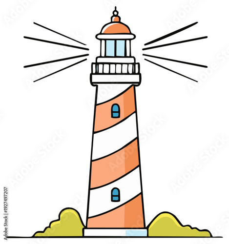 Cartoon illustration of a striped lighthouse emitting light beams over coastal terrain