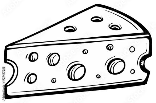 Cartoon wedge of Swiss cheese, isolated black and white outline