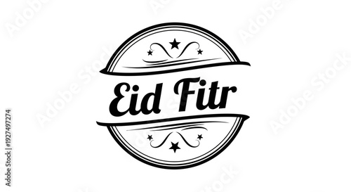 Elegant black and white Eid Fitr emblem with decorative flourishes and stars, perfect for greeting cards, celebration labels, and festive design elements