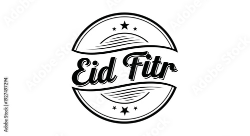 Elegant black and white Eid Fitr celebration badge design with classic typography and decorative elements, ideal for festive greeting cards, banners, and digital media