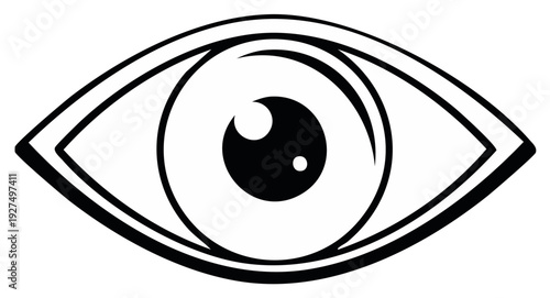 Black and white illustration of a human eye with clear iris and pupil symbol