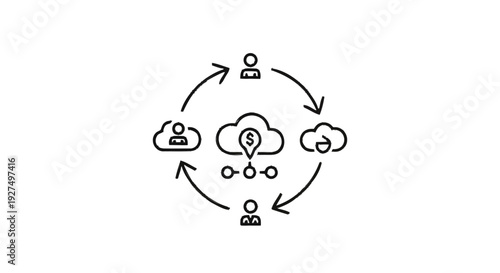 Cloud computing network with people and money symbol.