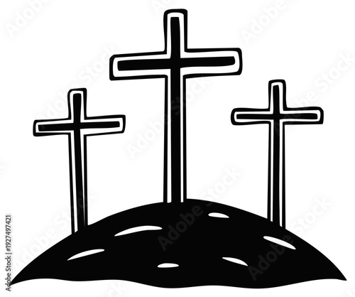 Three wooden crosses on a hill silhouette graphic illustration