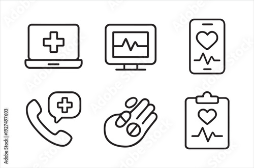 A collection of minimalist line icons representing telehealth medical assistance and healthcare technology high quality