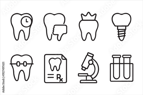 Dental health icons illustrating teeth treatments and tools for oral care and examinations high quality