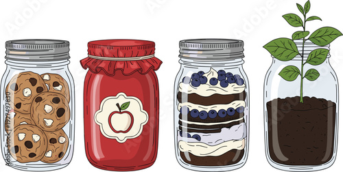Glass Mason Jars with Cookies, Jam, Layered Dessert and Growing Plant, Creative Food Storage and Eco Gardening Illustration Isolated on White Background