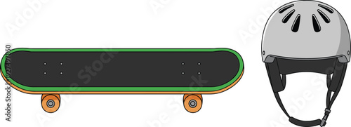 Green and Orange Skateboard and Grey Safety Helmet Illustration for Youth Extreme Sports Outdoor Activities Skating Hobby Protective Gear and Active Lifestyle Graphic Design