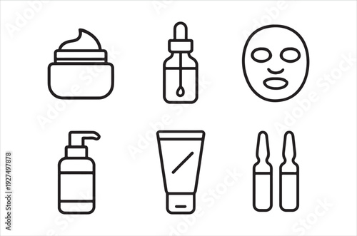 Line art illustration depicting various skincare products including creams serums masks and applicators high quality