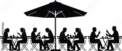 Group of people silhouettes sitting at outdoor cafe tables under a large umbrella eating drinking and using smartphones isolated on a white background