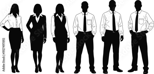 Group of professional business people silhouettes wearing formal office attire including suits shirts and ties standing in a row on white background