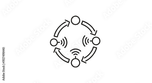Circular Network Diagram with Wireless Connections and Arrows.