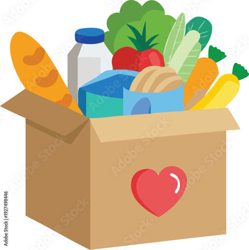 Cardboard box with groceries and heart symbol conveying donation and care stock illustration