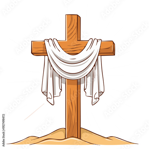 Wooden cross with white cloth draped on sand, symbol of Christianity and the Resurrection of Jesus