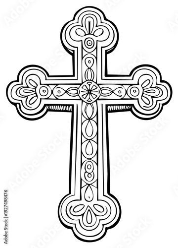 Stylized Christian Orthodox Cross Illustration Decorative Black and White Symbol