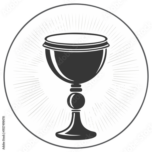 Simple chalice icon set in circle with radiating lines, holy cup graphic element with dark fill
