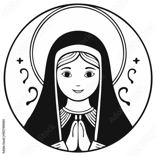 Stylized Virgin Mary icon praying with halo and decorative elements in a circle
