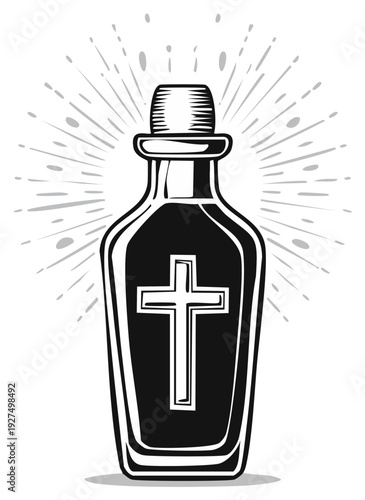 Vintage holy water bottle with embossed cross and radiating light rays symbolic of divine blessing