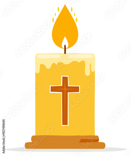 Stylized Religious Candle Flame with Christian Cross Symbol in Yellow and Brown Tones