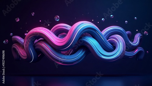 Intertwined neon tubes with floating spheres abstract background