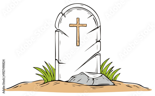 Old Tombstone with Cross Graphic Element Illustration on Small Hill for Cemetery or Grave Yard Designs