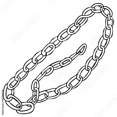 Outlined Chain Illustration, Single Black Drawn Metal Links, Hand Drawn Metal