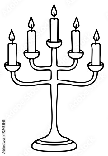 Simple black and white line art of a vintage candelabra with five burning candles