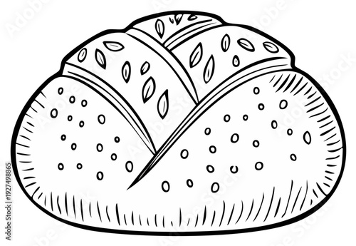 Hand drawn illustration of a round loaf of bread with score marks and seeds baked on top