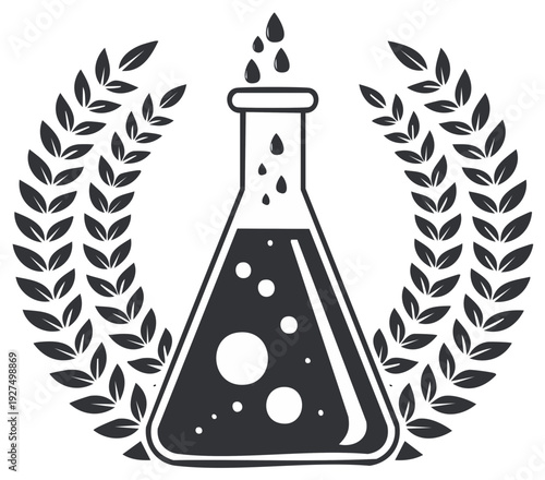 Scientific laboratory flask with liquid and laurel wreath emblem for achievement in science