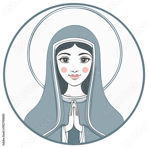 Virgin Mary illustration with Halo and hands clasped in prayer, religious art